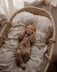Sleeping baby in a moses basket with a swaddle and dummy.