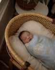Newborn baby sleeping in a woven bassinet with a textured blanket.