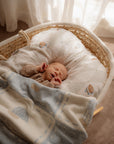 Newborn baby sleeping in a bassinet with a soft blanket and pillow.