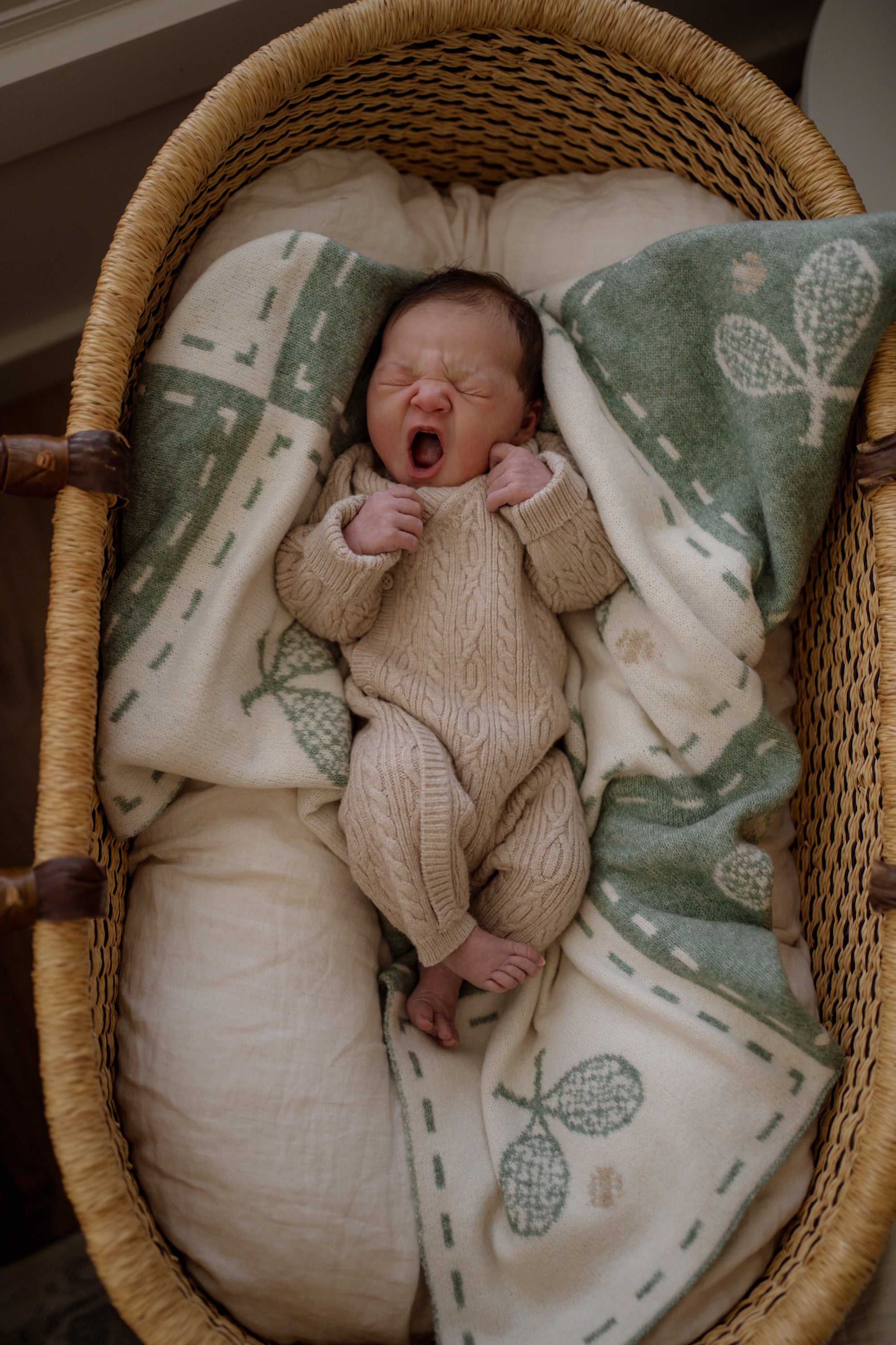 Newborn baby in a woven basket with green and white tennis patterned blankets