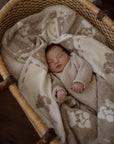 Newborn baby wrapped in a teddy blanket sleeping in a moses basket