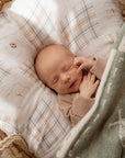 Newborn baby sleeping in a basket with plaid and green blankets